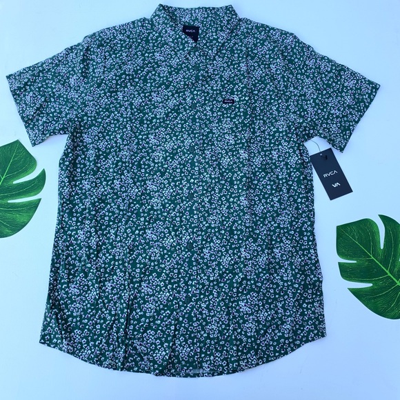 🌊 RVCA Bang On Floral Short Sleeve Slim Fit Shirt in Hunter Green🌊 - Picture 2 of 5
